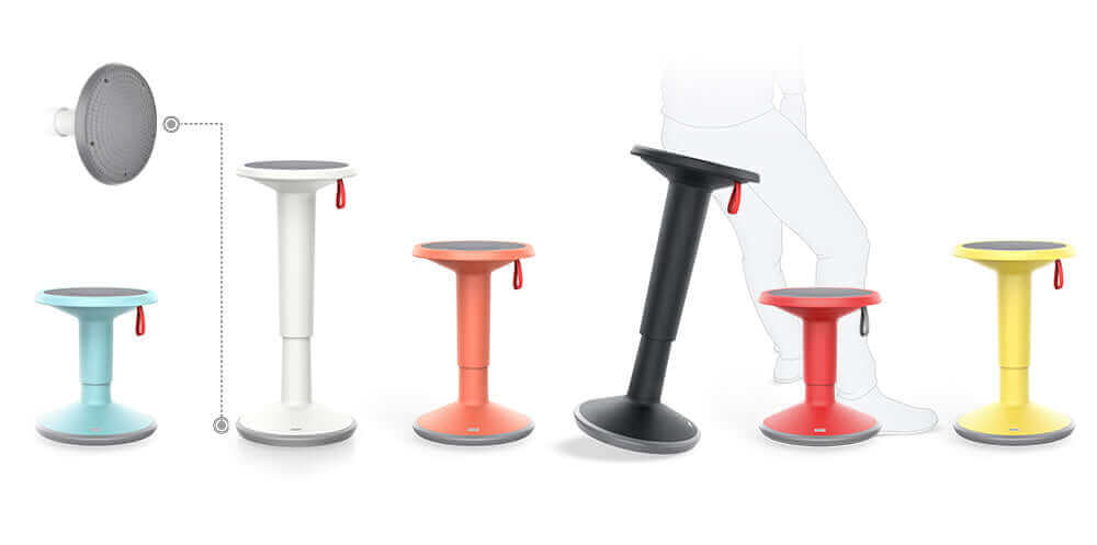 Ergonomic UPis1 active chairs in various colors, showcasing height adjustment and modern design with a loop detail.