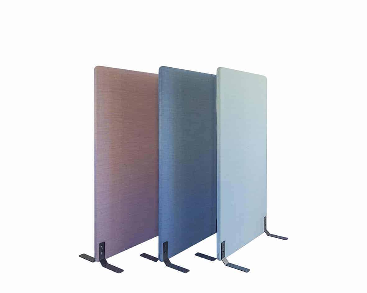 Soundproof screens in grey, blue, and beige for noise reduction in offices, 1200x1800 mm.