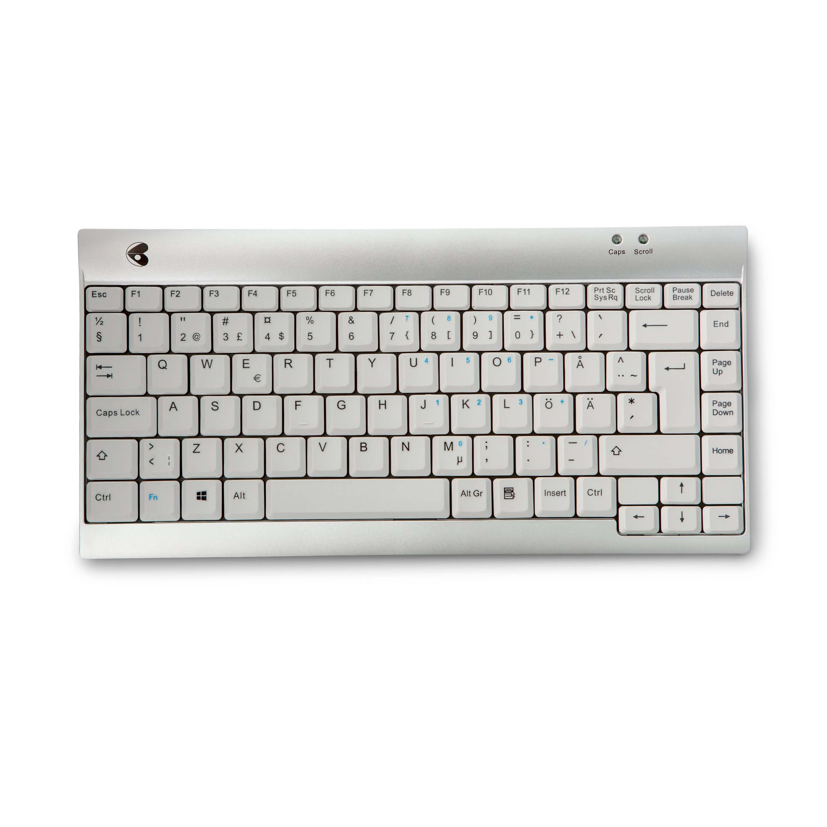 Compact Ergotight Silver minikeyboard with gray keys and sleek design for improved ergonomics and desk space optimization.