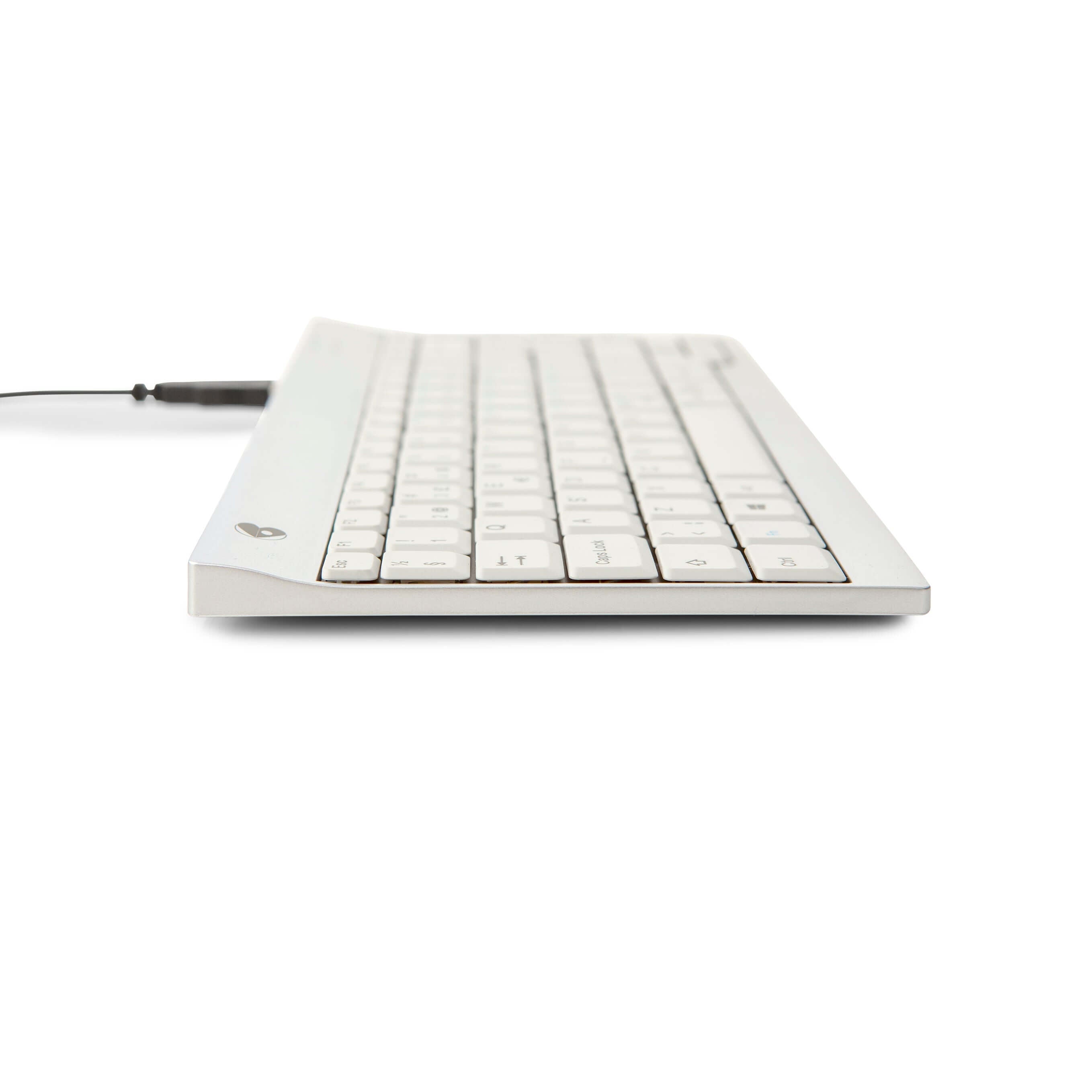 Side view of the Ergotight Silver minikeyboard showcasing its slim, ergonomic design with gray keys and a modern silver color.