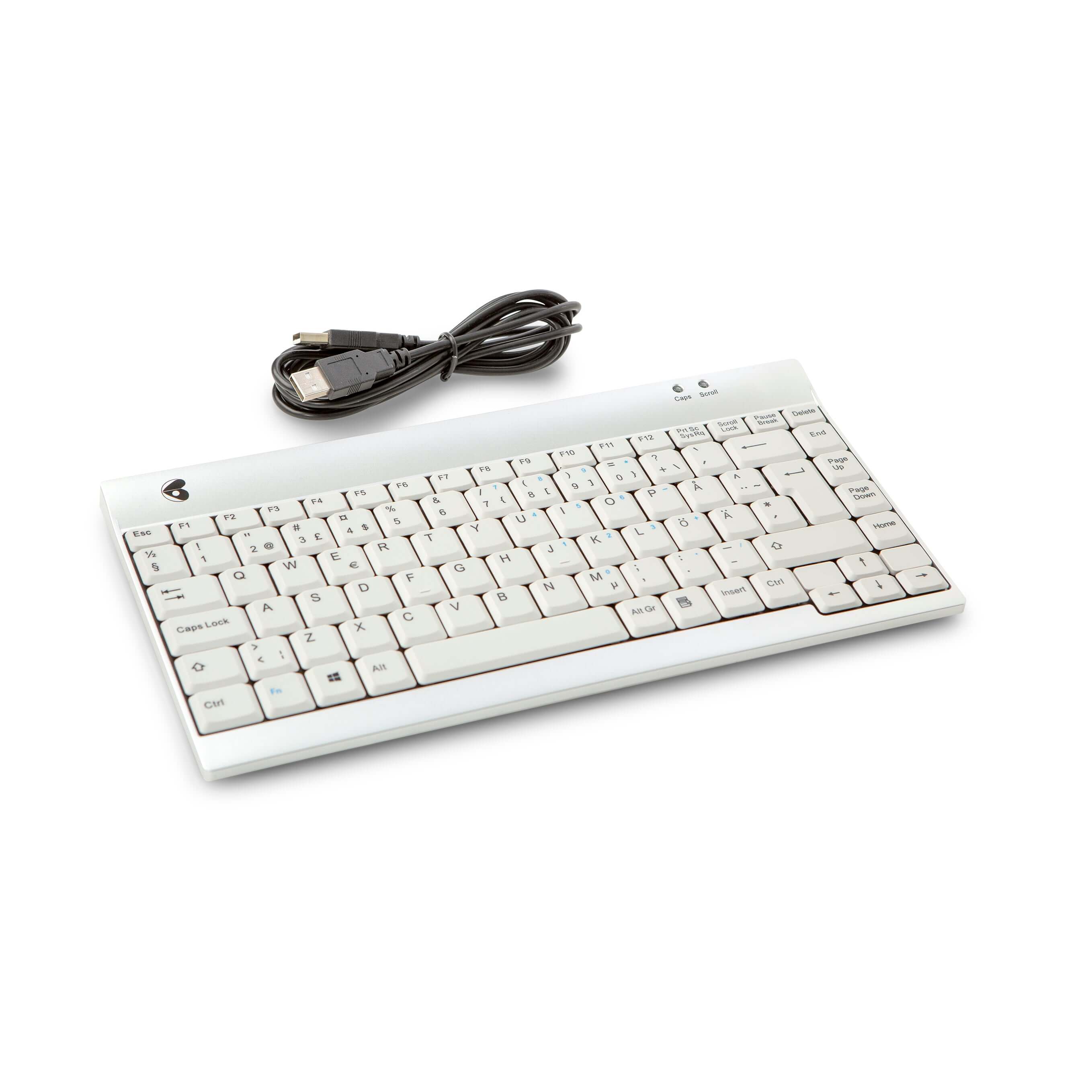 Compact Ergotight Silver minikeyboard with gray keys and USB cable, designed for ergonomic desk optimization and style.