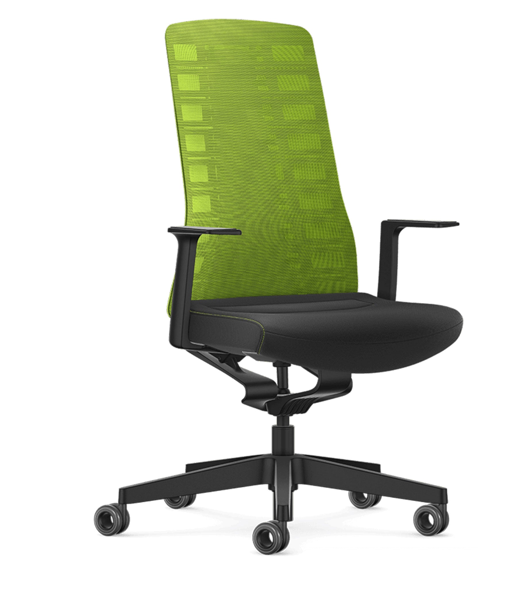 Ergonomic office chair with green mesh back and T-armrests featuring Smart-Spring technology for active sitting and enhanced movement.