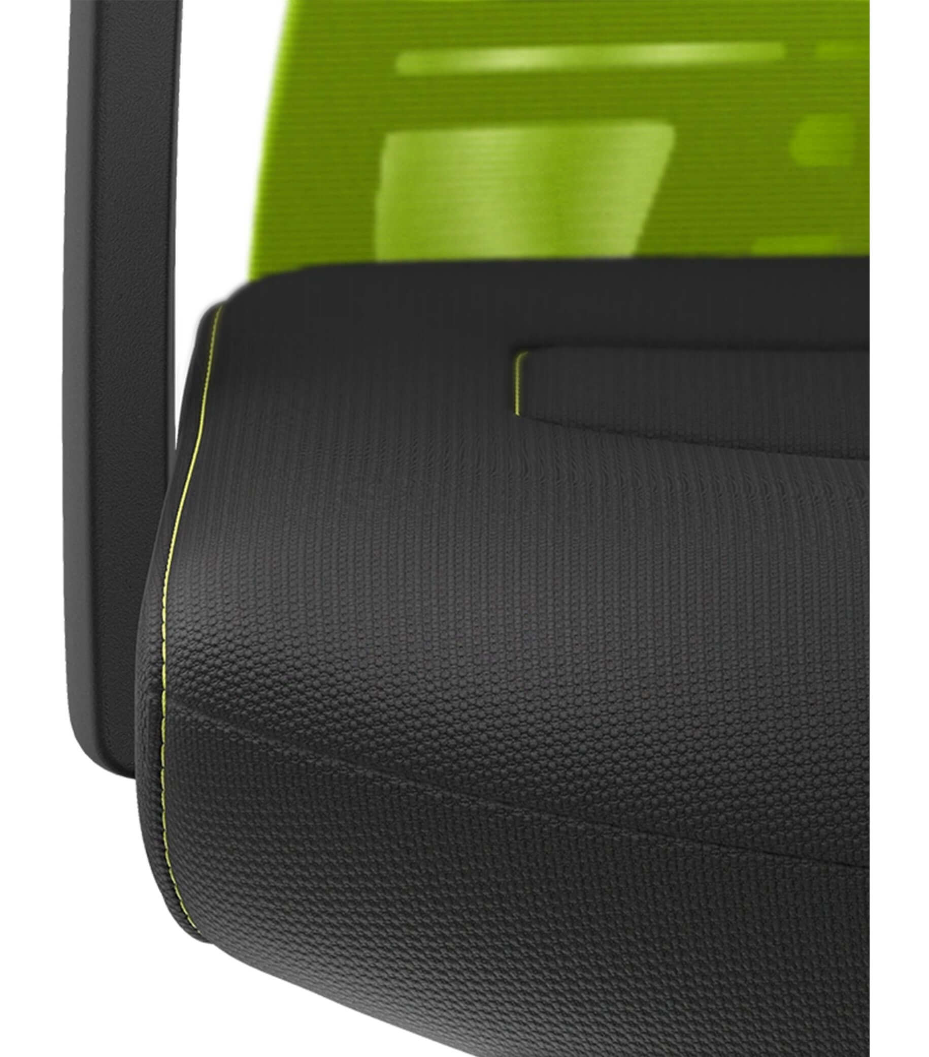 Close-up of PURE ACTIVE Edition #01 chair with green mesh back and Smart-Spring technology for ergonomic sitting and movement support.