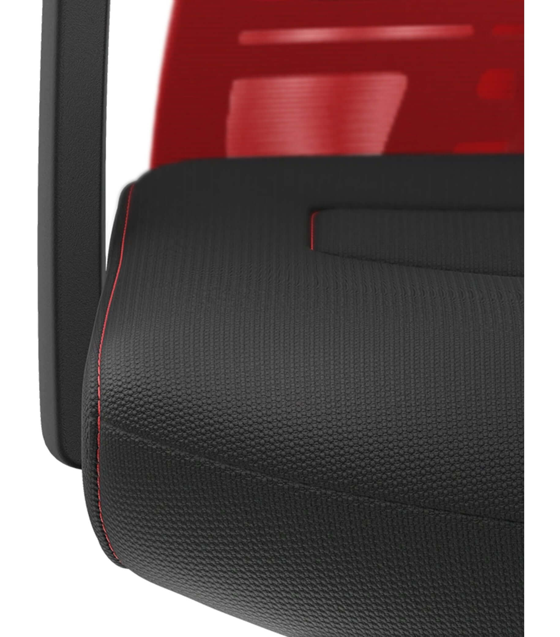 Black seat with red stitching and red mesh backrest of PURE ACTIVE Edition #02 chair with Smart-Spring technology for ergonomic sitting.