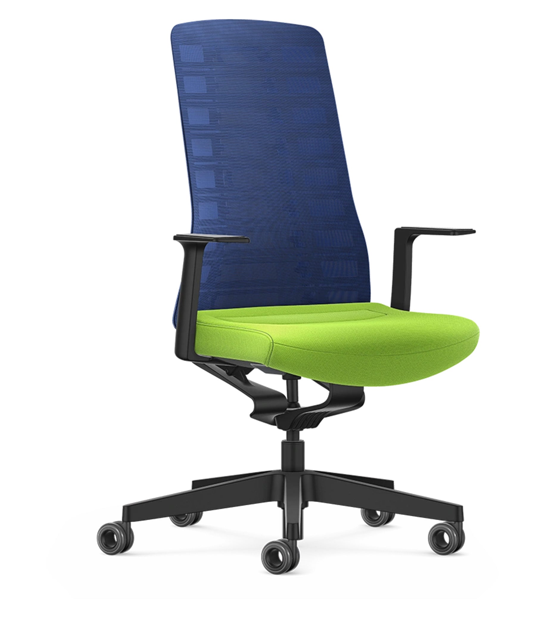 Ergonomic chair with blue mesh back and green seat, featuring Smart-Spring technology and fixed T-armrests for active sitting.