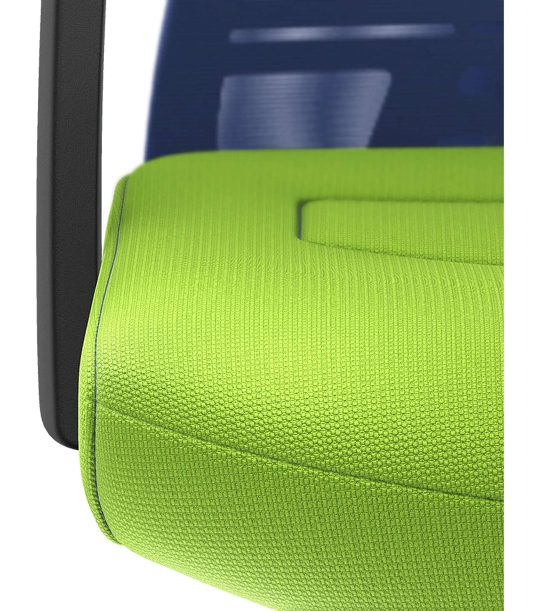 Green seat cushion with blue mesh back and black armrest of PURE ACTIVE Edition #03 chair featuring Smart-Spring technology.