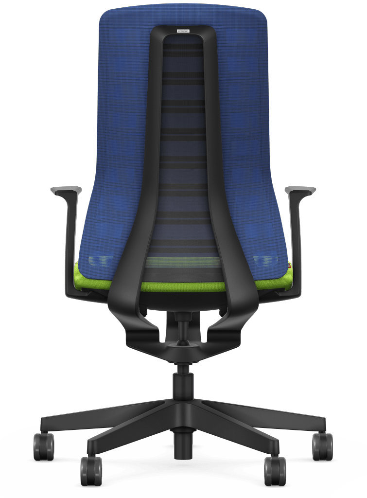 Ergonomic chair with blue mesh back, Smart-Spring technology, and fixed T-armrests for superior movement and comfort.