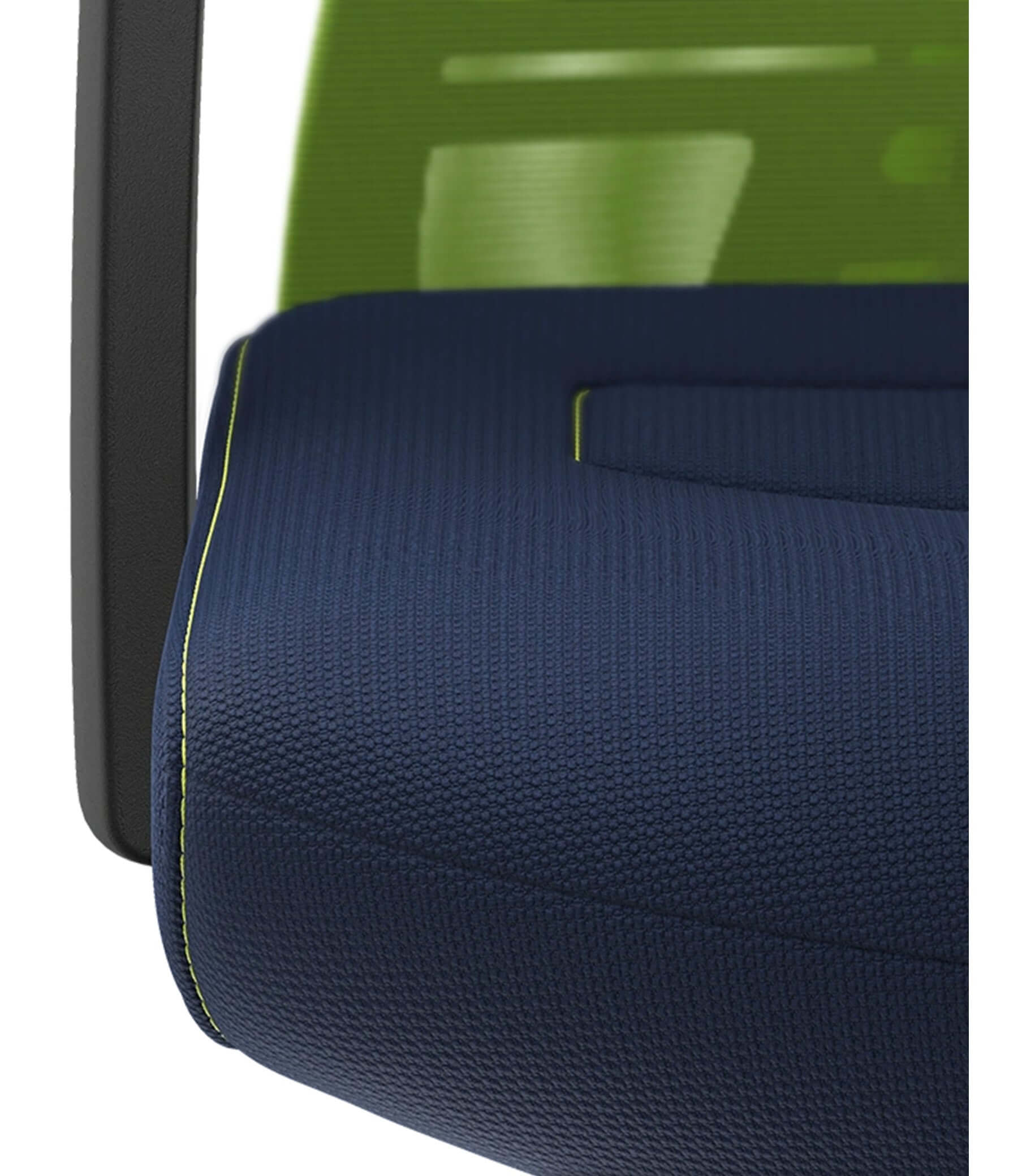 Green mesh backrest and navy seat detail of PURE ACTIVE Edition #04 chair with Smart-Spring ergonomic technology and fixed armrest.