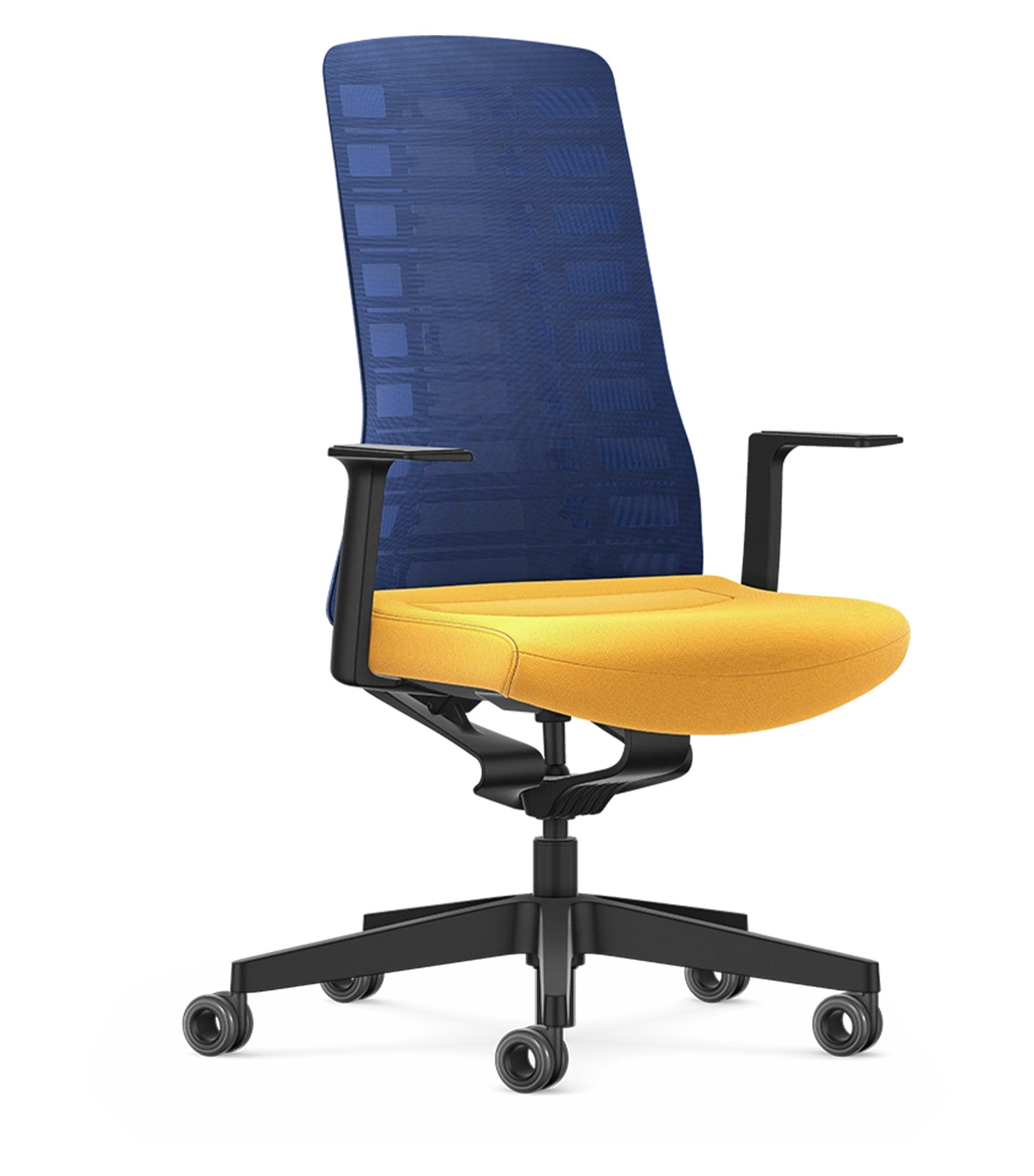 Ergonomic chair with blue mesh back, yellow seat, Smart-Spring technology, fixed T-armrests, and optional 4D armrests for active sitting.