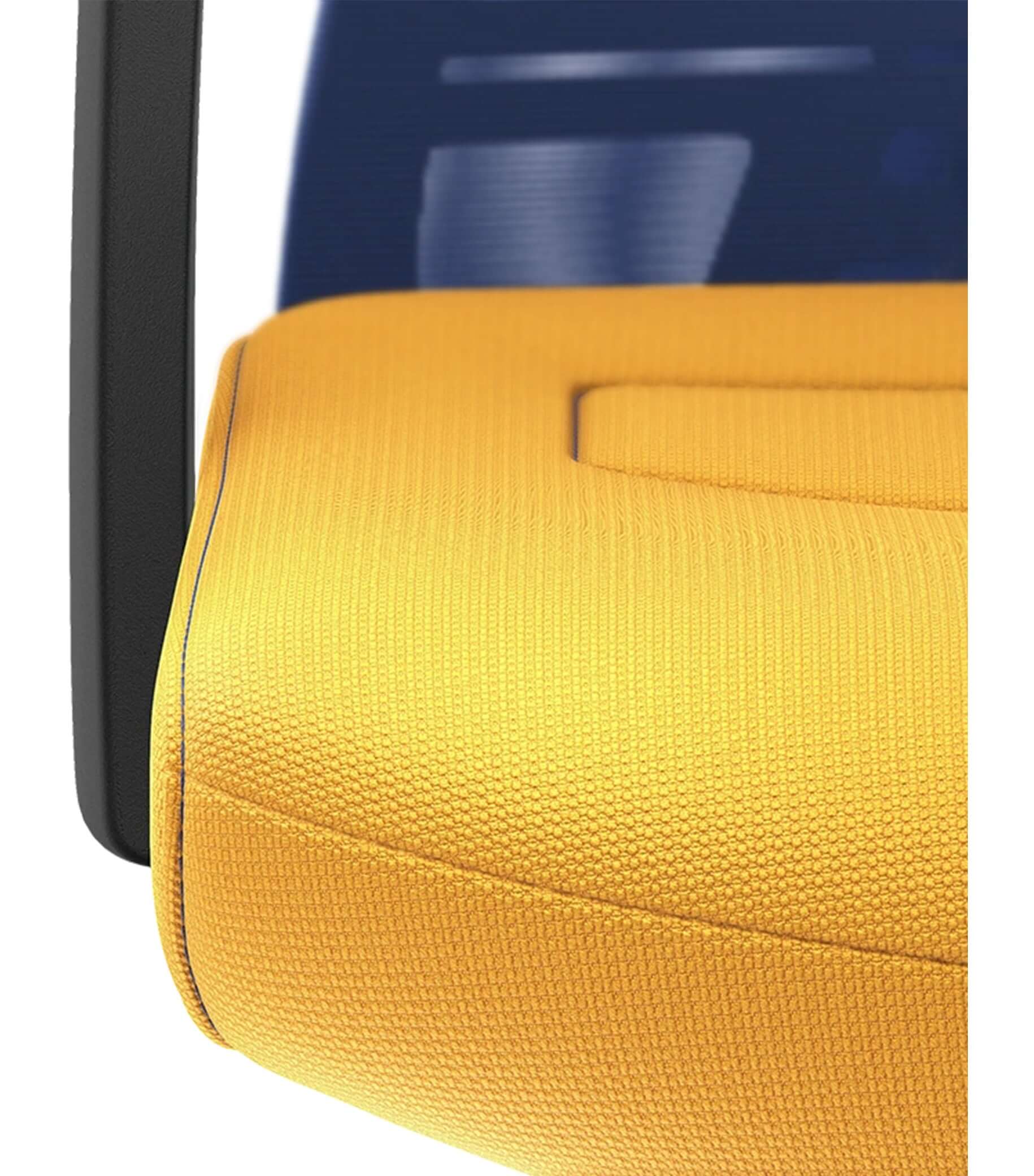 Yellow seat with blue mesh back and black armrest on PURE ACTIVE Edition #05 chair featuring Smart-Spring technology for ergonomic support.