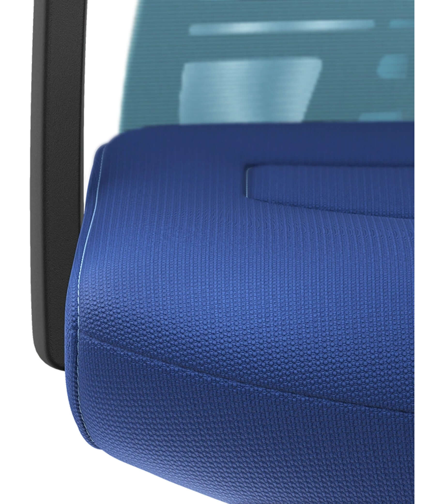 Light blue mesh back chair with Smart-Spring technology, featuring ergonomic blue seat and fixed T-armrests for active sitting.