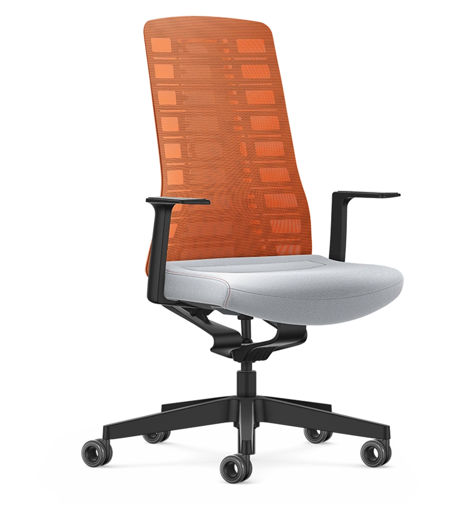 Ergonomic chair with orange mesh back and fixed T-armrests using Smart-Spring technology for active sitting and spine mobility.