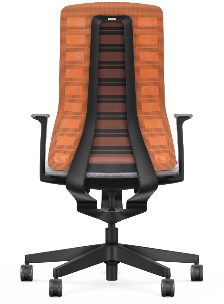 PURE ACTIVE Edition #09 chair with orange mesh back and Smart-Spring technology, ergonomic design with fixed T-armrests and 4D armrest option.