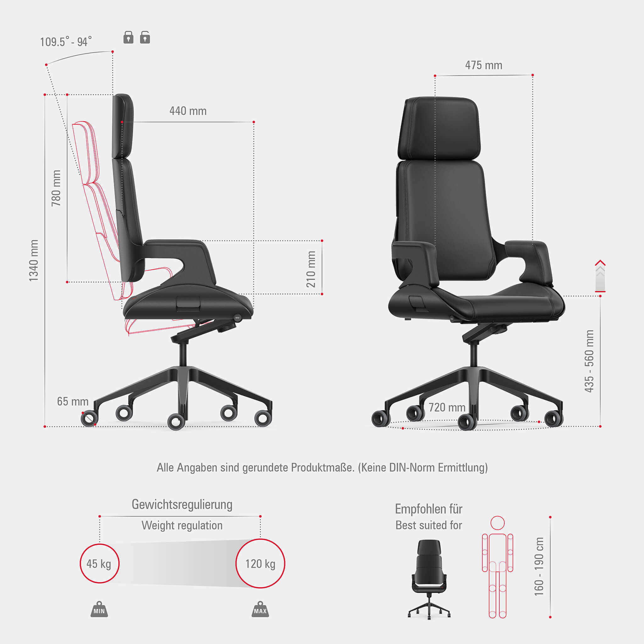 Ergonomic black office chair with dimensions, weight regulation up to 120 kg, suitable for individuals 160-190 cm tall.