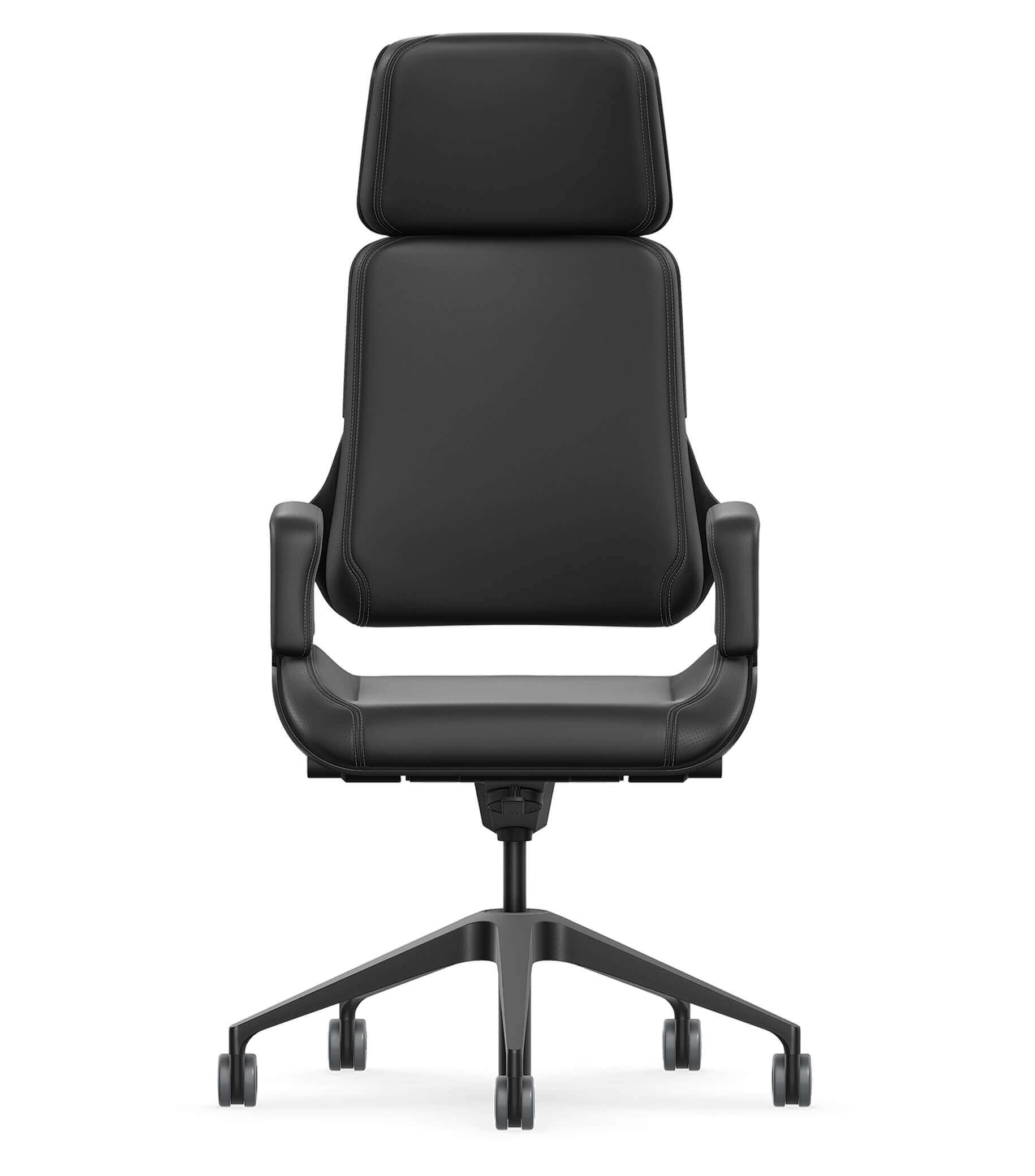 Sleek black office chair with ergonomic design and adjustable height, featuring a cushioned backrest and headrest for comfort.