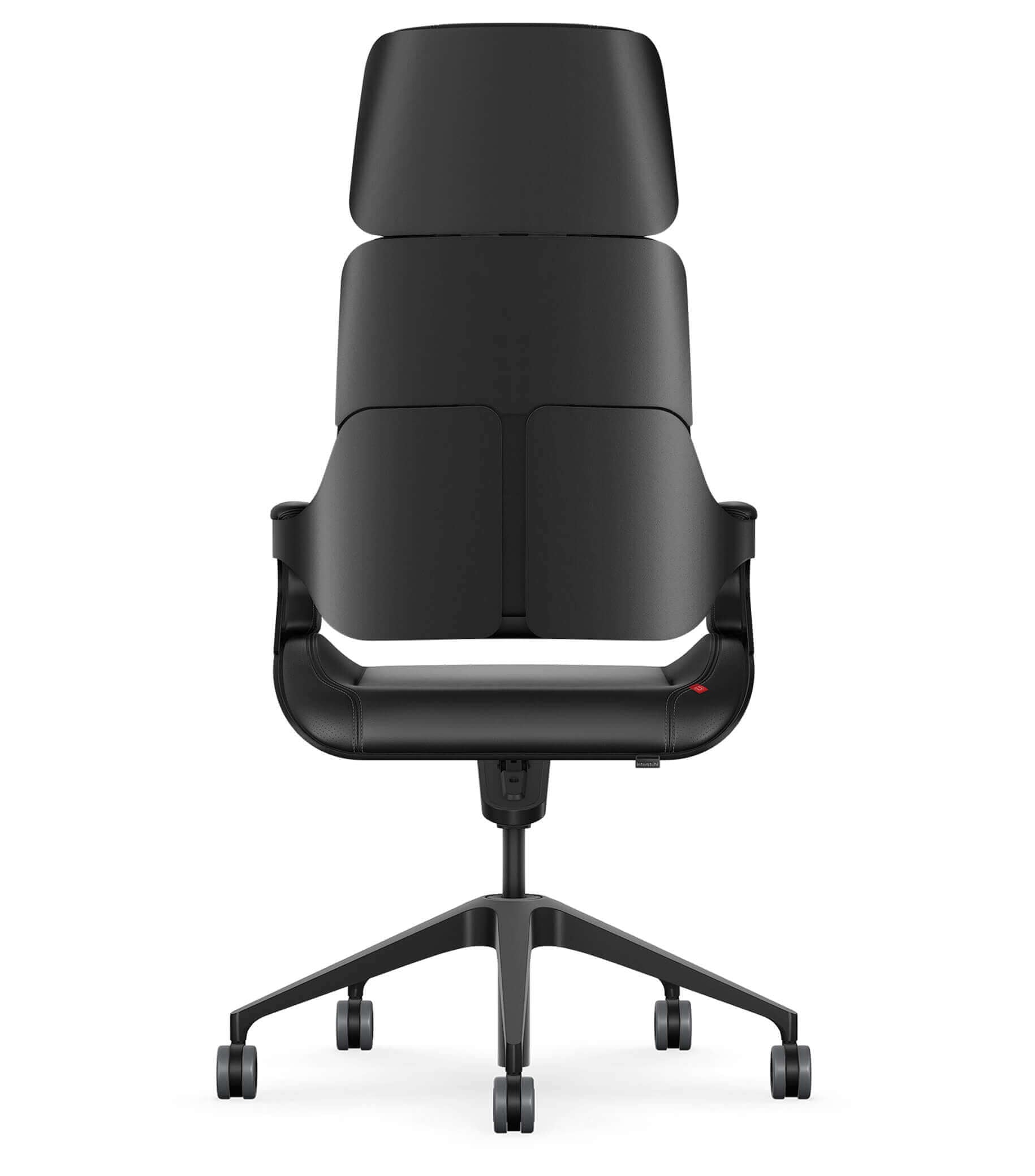 Ergonomic black office chair with high backrest and swivel base, ideal for modern workspaces and comfort.