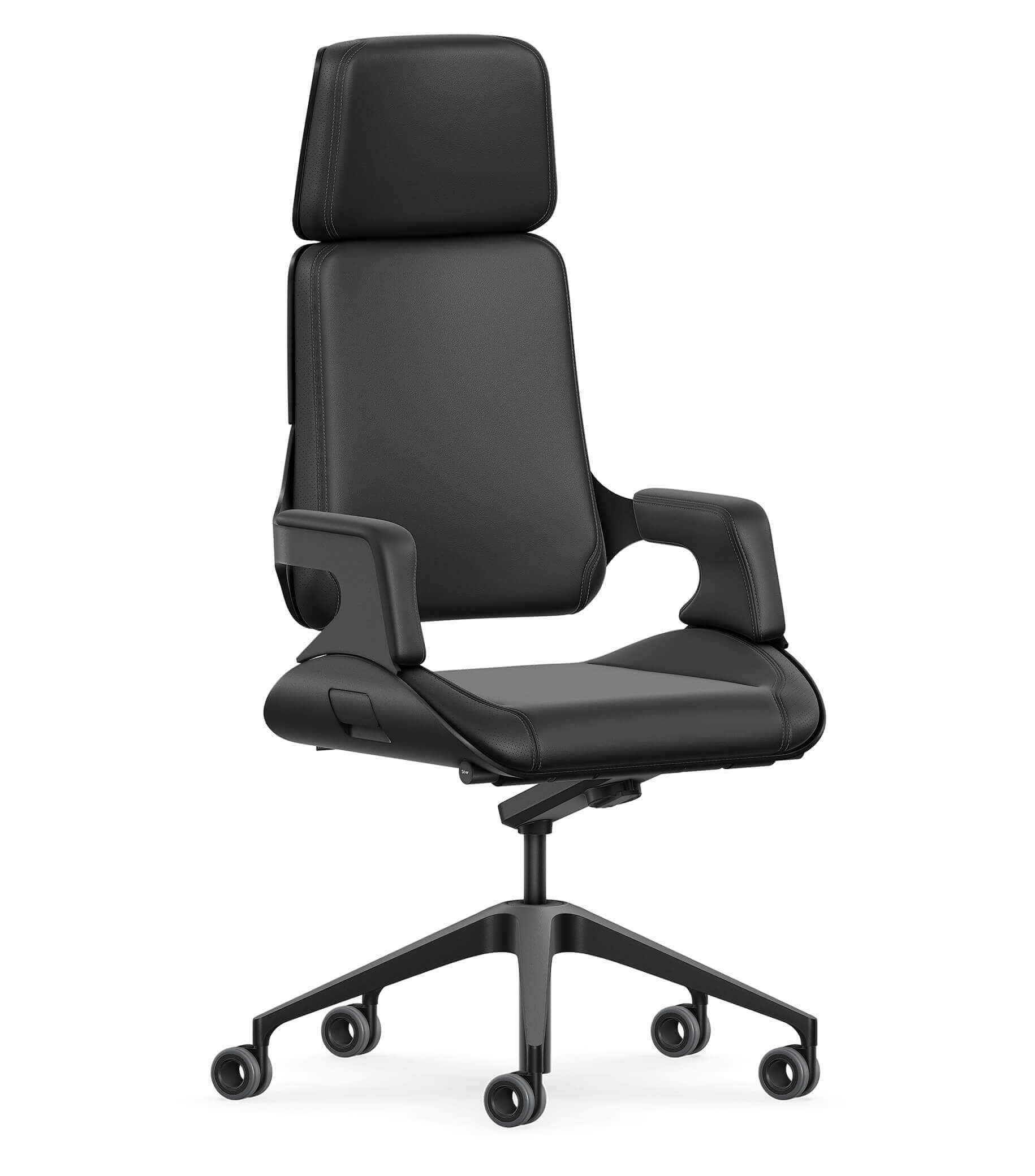 Ergonomic black office chair with adjustable armrests and wheeled base, ideal for comfort and style in a modern workspace.