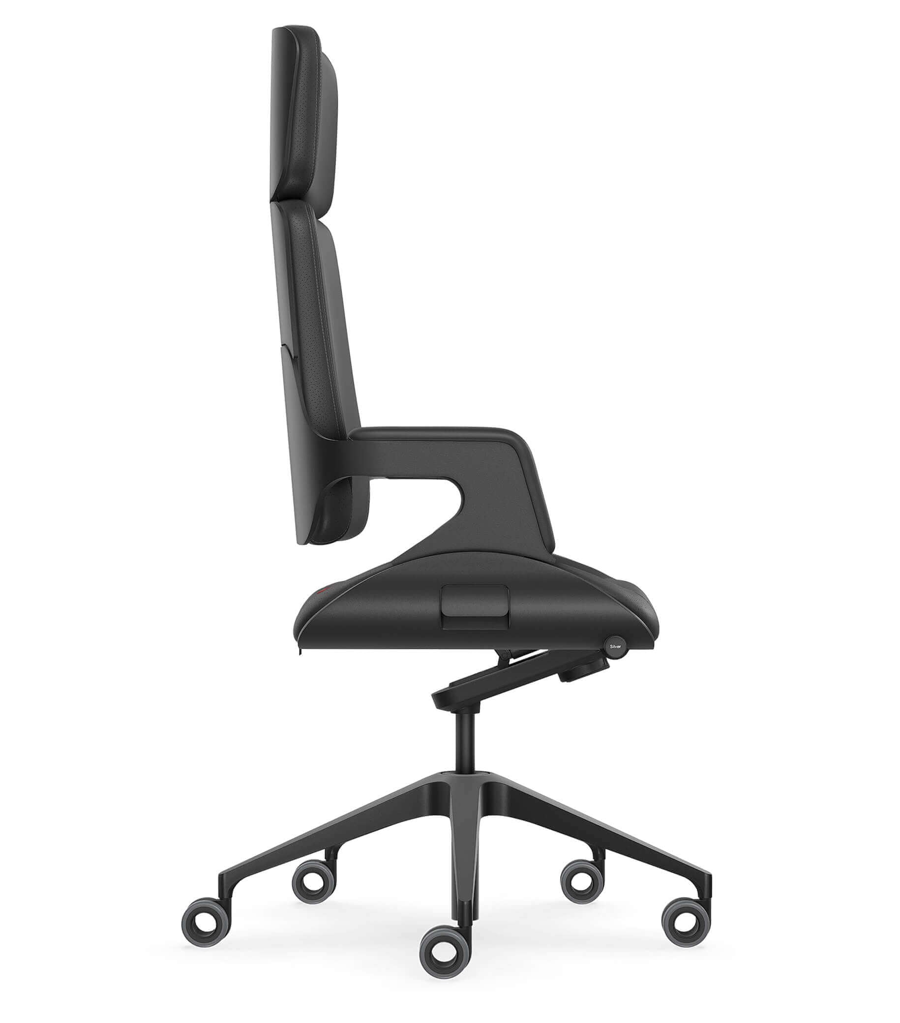 Ergonomic black office chair with adjustable height and sleek design, side view.