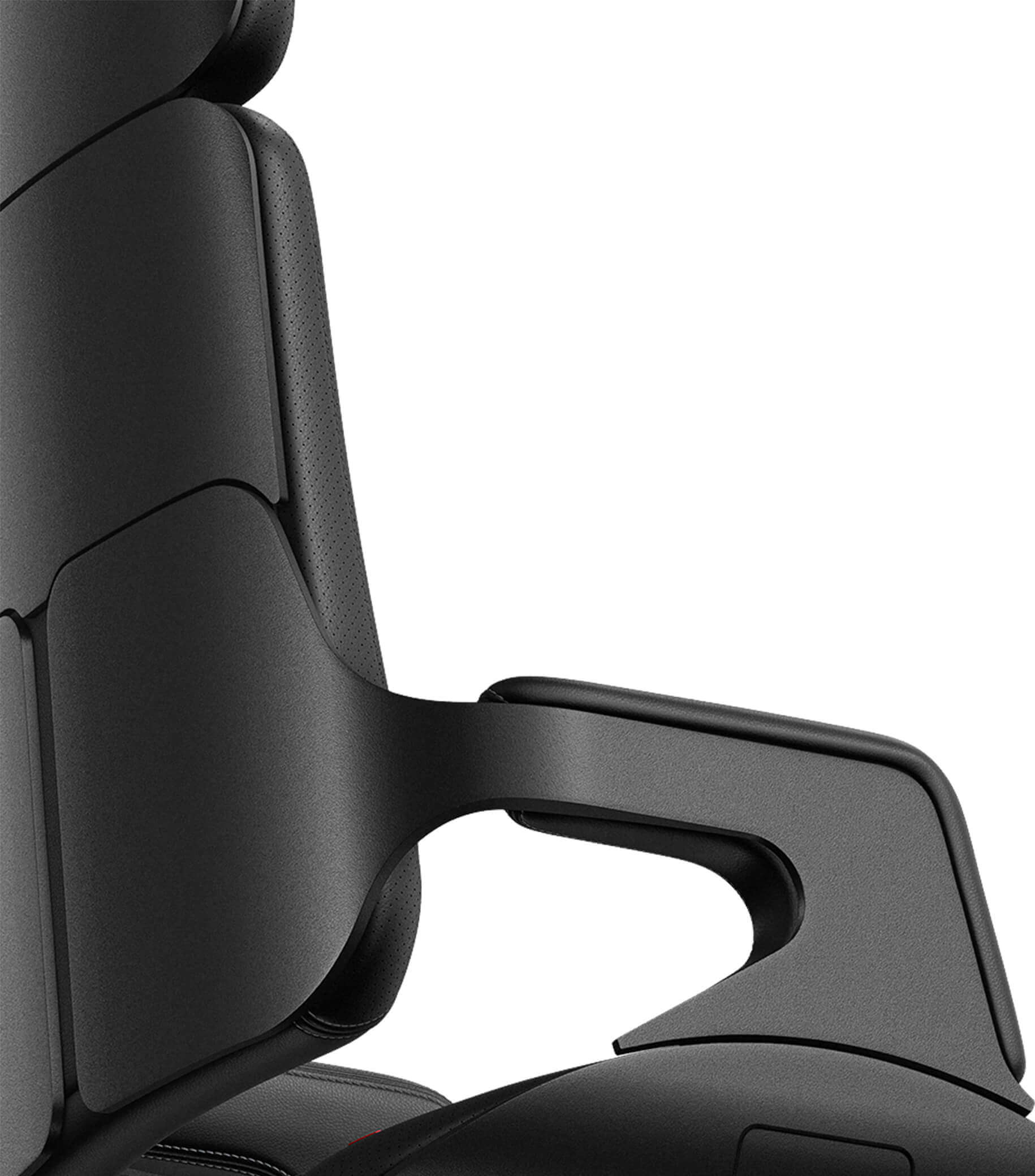 Ergonomic black office chair with curved armrest and sleek design.