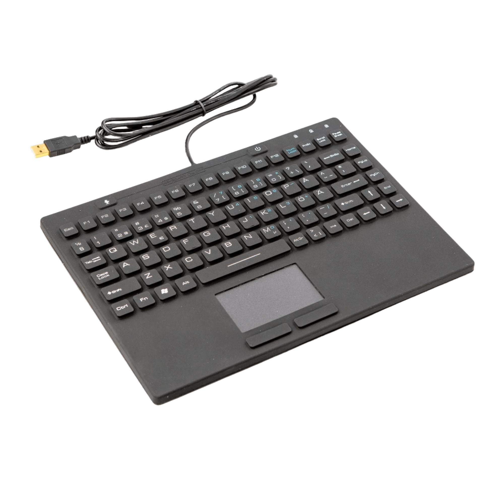 Slim Touch waterproof keyboard with integrated touchpad for industrial and medical use, featuring a dust-proof sealed surface.