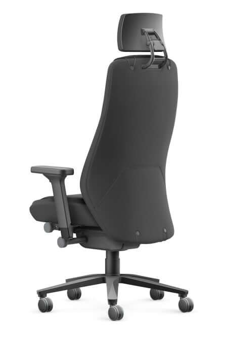 Ergonomic TWENTYFOURis5 control room chair with adjustable headrest and lockable seat, back view showcasing comfort design.