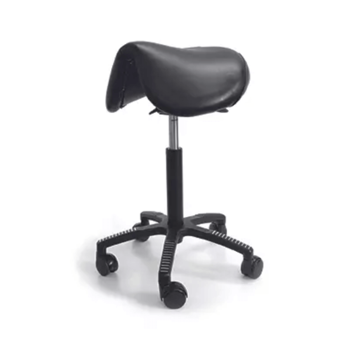 Ergonomic leather saddle chair with adjustable seat and wheels for comfort and posture support.