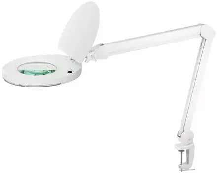 White LED magnifying glass lamp with desk clamp and adjustable arm for detailed work.