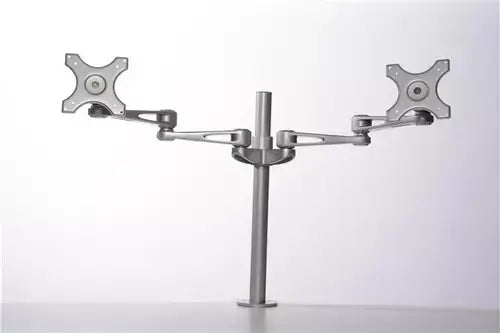 Silver LCD monitor arm for two screens enhancing ergonomic work setup.