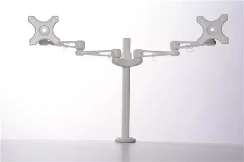 White dual LCD monitor arm for two screens, offering adjustable height and orientation for an upgraded workspace setup.