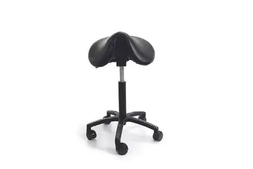 Ergonomic leather saddle chair with adjustable seat and wheels for comfort and support.