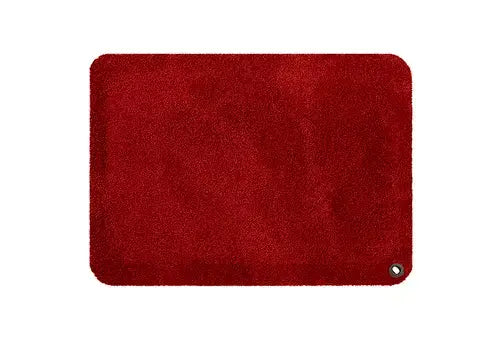 Ergonomic red fabric workstation mat for desks and tables, 550x780x18mm, durable polyurethane, ErgoFinland design.