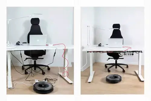 Comparison of a desk setup with and without RIB cable tray for organized cable management under a tabletop.