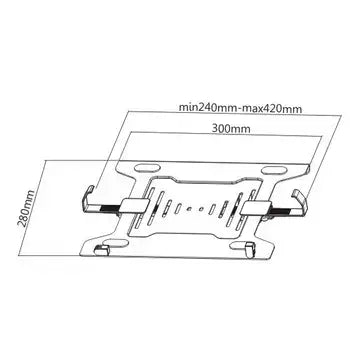 Diagram of ErgoStance Portable Laptop Stand dimensions, showcasing width range of 240mm-420mm and height of 280mm for monitor attachment.