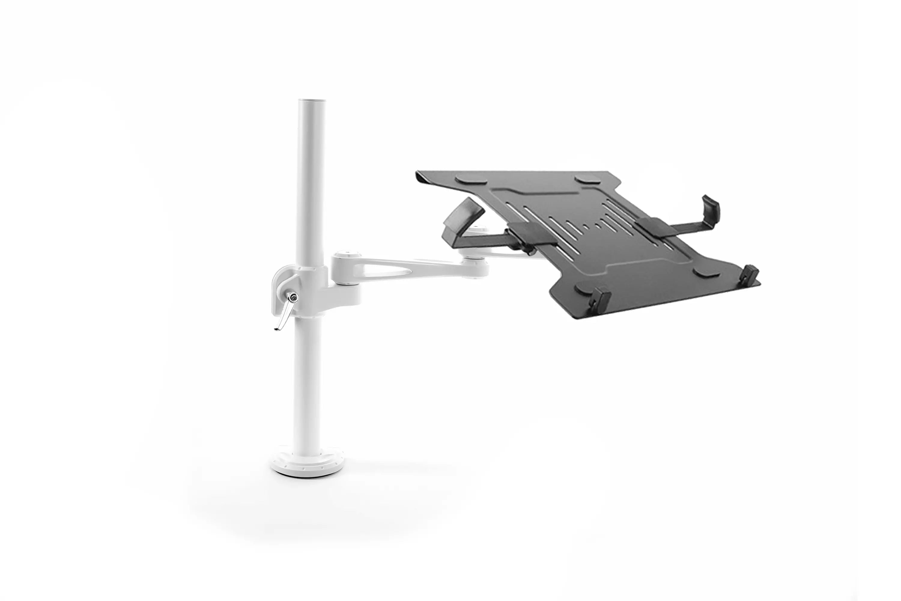 Adjustable monitor arm for laptops with 3-way adjustment, ergonomic design, and height customization, ideal for optimized workspaces.