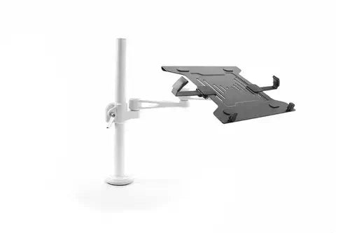 Ergonomic laptop stand attached to monitor, featuring a versatile design for improved posture and workspace efficiency.