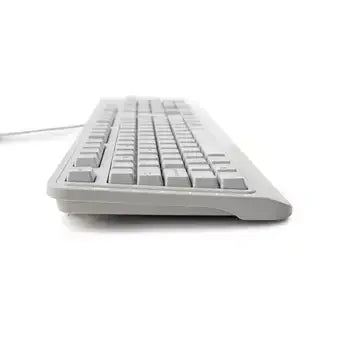 Ergonomic Easyclean keyboard, washable design with detachable keys in professional gray, side view. USB connection for reliable use.