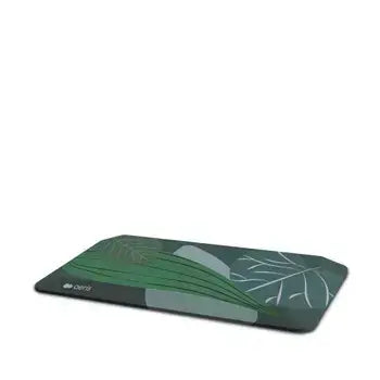 Ergonomic jungle print office mat with green and white leaf design on a dark surface.