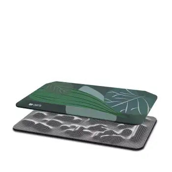 Muvmat ergonomic office mat with jungle print design showing two-layer construction for comfortable standing work.