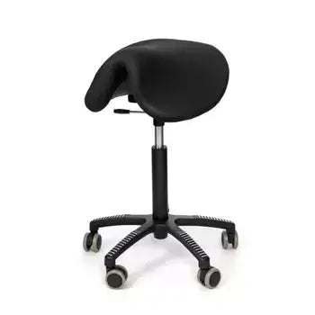 Soft Swing saddle chair in black fabric with adjustable height; ergonomic design for improved posture and movement.