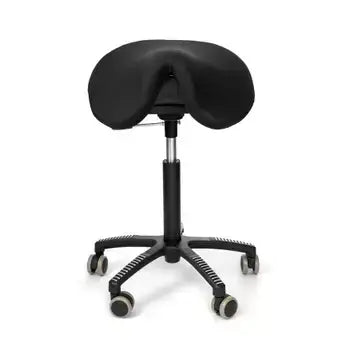 Soft Swing black saddle chair with contoured cushion promotes posture and movement; ergonomic seat with health benefits.