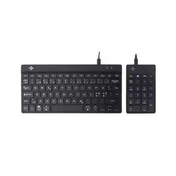 Black ErgoFinland Ergotight X Keyboard with detachable numeric keypad, enhancing ergonomic workspace flexibility.