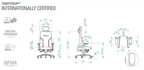 Technical specifications and dimensions of the TWENTYFOURis5 control room chair, highlighting ergonomic design and international certifications.