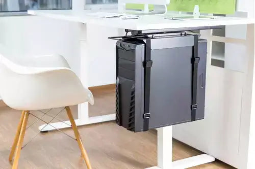 CPU stand under desk with pull-out and rotatable feature for 180 degrees movement, enhancing workspace efficiency and accessibility.