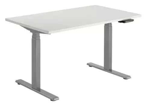 GetUpDesk Duo electric grey frame with adjustable legs for ergonomic workstations and back relief.