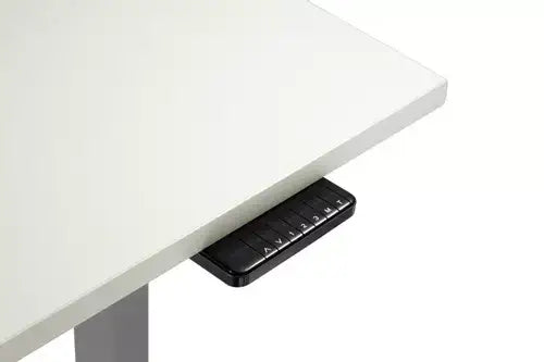 Adjustable control panel on the GetUpDesk Duo electric desk frame with grey tabletop