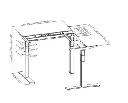 Diagram of GetUpDesk Trio grey electric frame with dimensions for ergonomic height-adjustable workspace setup.