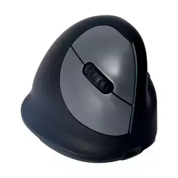 Ergonomic R-Go HE vertical mouse in black, Bluetooth-enabled for right-hand use, designed to prevent repetitive strain injuries.