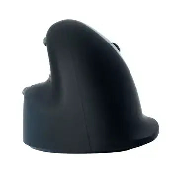 Ergonomic black vertical Bluetooth mouse promoting forearm movement to reduce wrist RSI, side view.