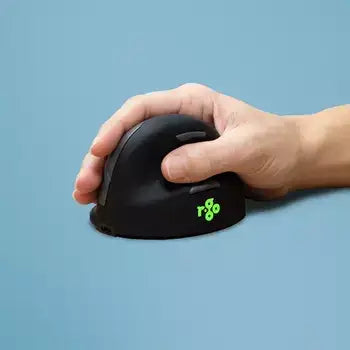 Ergonomic R-Go HE Mouse held in hand, promoting vertical grip to reduce wrist strain and prevent RSI with lightweight design.