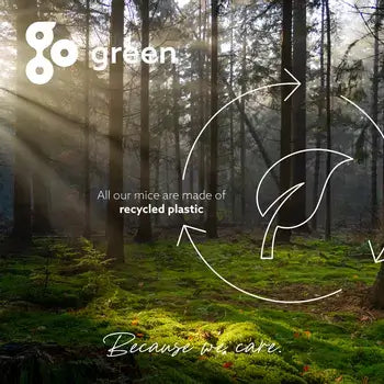 Forest with sunlight and "Go Green" text highlighting recycled plastic use in eco-friendly mouse manufacturing.